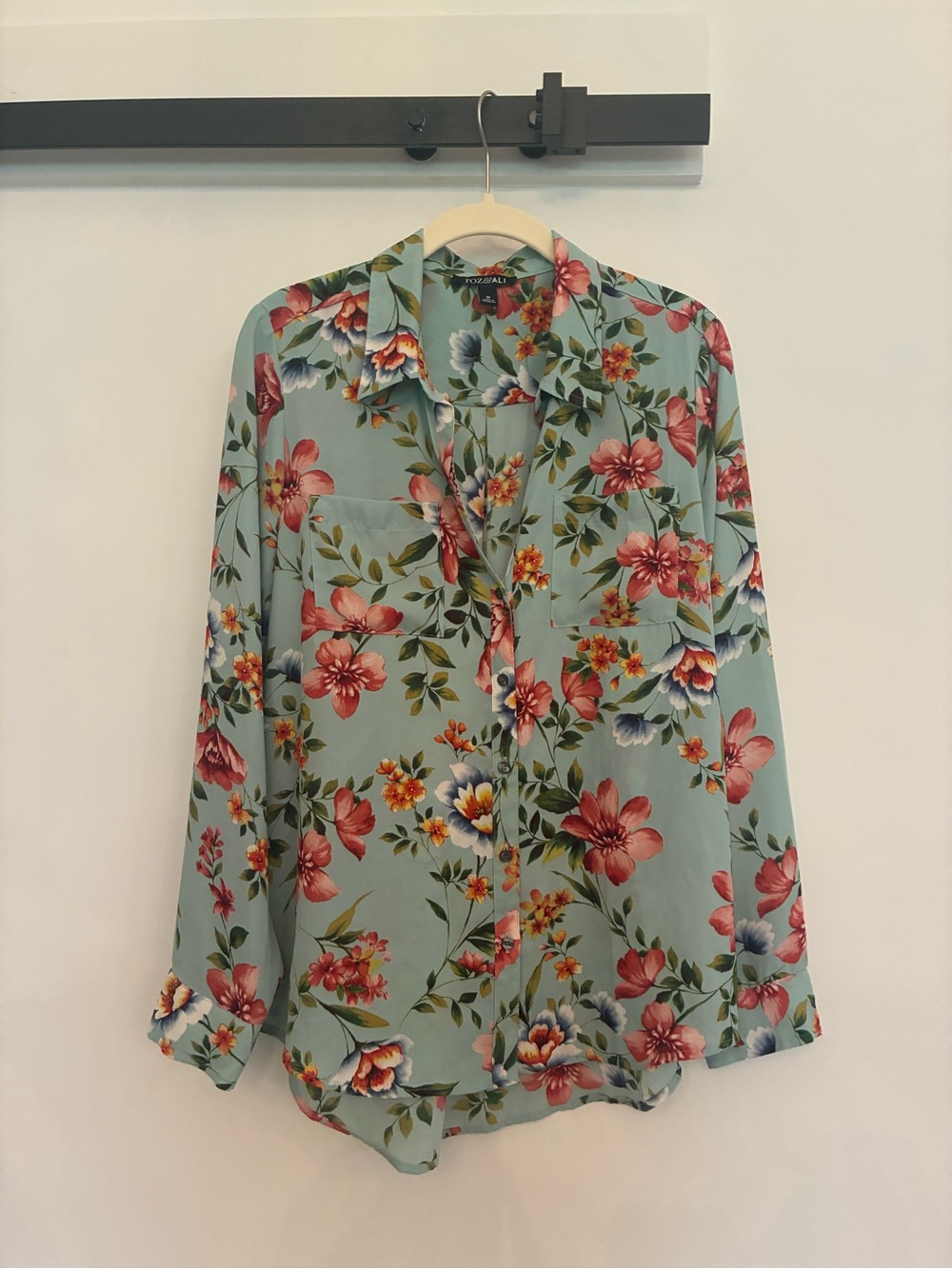 Roz & Ali Mint Floral Button-Down Shirt with Pink Blooms